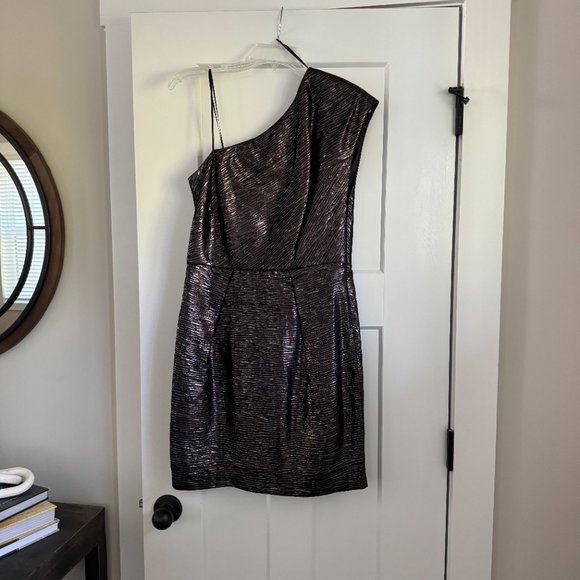 ABS Allen Schwartz Black Mini Dress One Shoulder Silver Metallic Cocktail Sz 6 - Picture 7 of 8